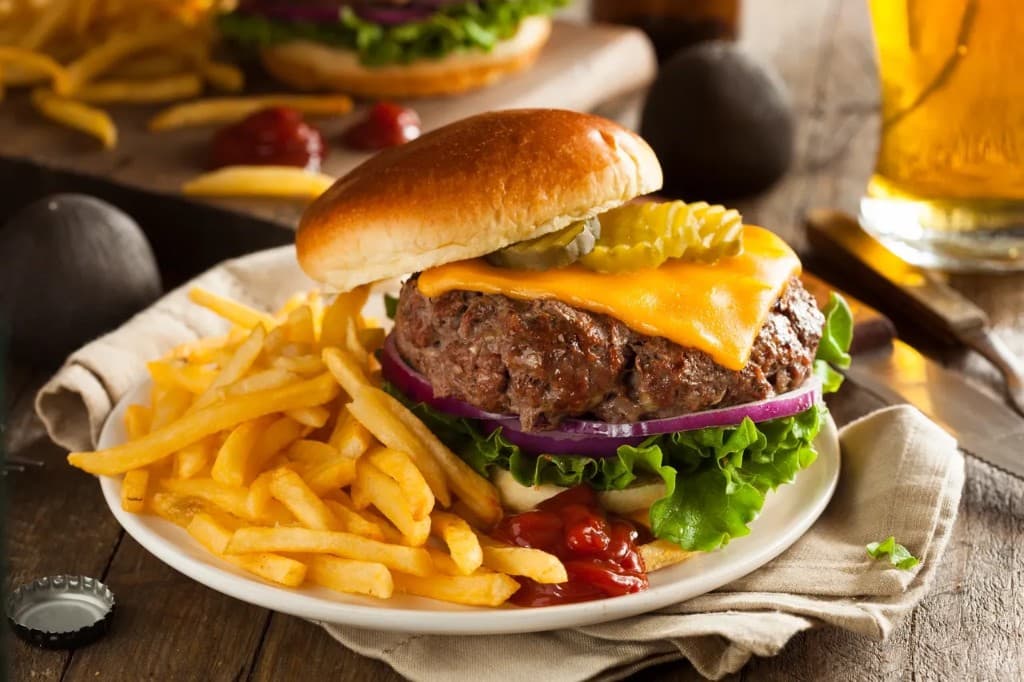 Gourmet burger with fries
