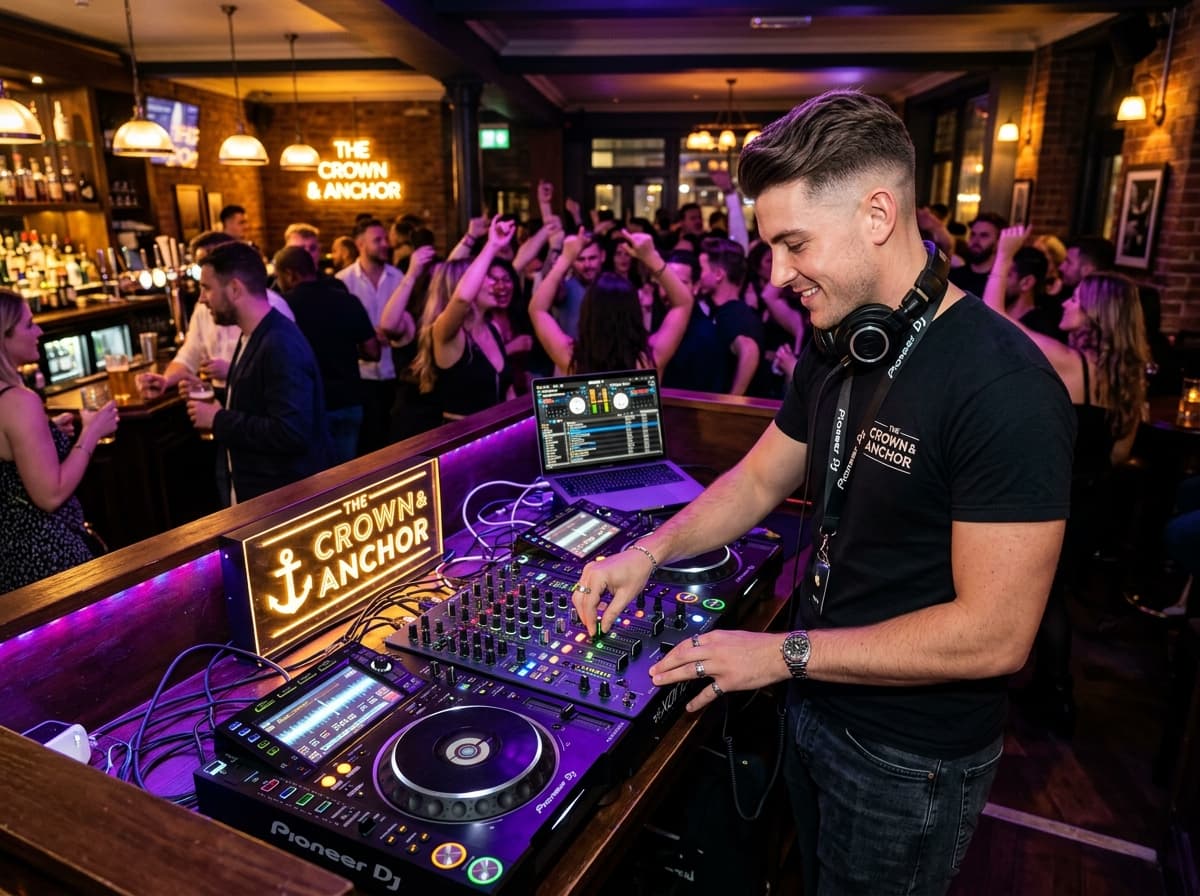Live DJ set and packed party crowd